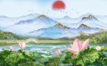 新中式荷花鎏金山水背景墙