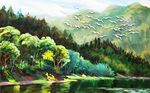 新中式山林飞鸟唯美油画背景墙