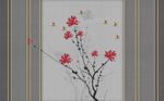 水墨红色花朵金色鸟背景墙