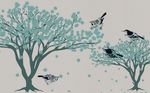 卡通手绘落叶大树小鸟背景墙