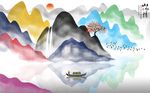 新中式手绘彩色山水画背景墙