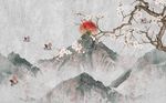 唯美意境雪山桃花飞鸟背景墙