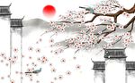 新中式水墨花鸟建筑山水背景墙