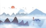 蓝色水墨山水飞鸟游船背景墙