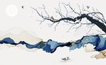 意境山水手绘梅花花鸟背景墙