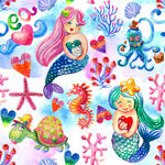 手绘水彩海洋美人鱼海龟海马素材