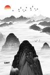 中式水墨山水飞鸟装饰画