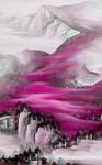 唯美水墨山峰玫红森林装饰画