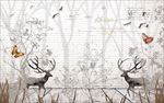 北欧简约手绘树木小鹿背景墙