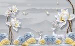 简约牡丹花麋鹿树背景墙