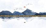 中国风蓝色水墨山水背景墙