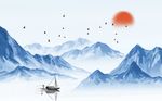 中式蓝色意境水墨山水背景墙