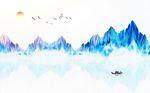 蓝色水墨山水风景背景墙