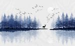 蓝色丛林麋鹿山水背景墙