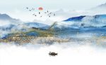 中国风唯美蓝色水墨山水背景墙