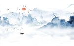 中国风手绘蓝色水墨背景墙
