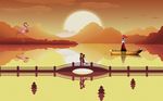现代浪漫夕阳西湖恋人背景墙