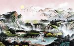 中国风流水生财国画山水画背景墙
