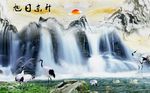 中式旭日东飞白鹤山水画背景墙