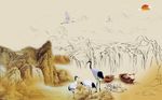 中式山水白鹤背景墙
