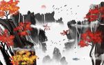 水墨山水国画高山流水背景墙