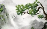 中式绿色松树山峦仙鹤背景墙