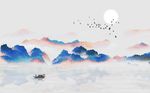 水墨彩色抽象山水日出背景墙
