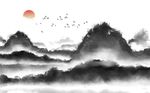 水墨抽象山水山脉日出背景墙