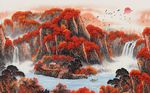 新中式国画流水生财水墨山水背景