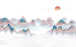 新中式抽象水墨山水日出背景墙