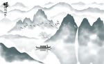 新中式禅意水墨山水手绘背景墙