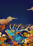 中国彩绘麋鹿祥云凤凰海浪背景图