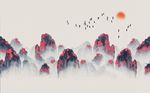 意境水墨山水情日出背景墙