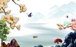 手绘油画山水水墨背景墙