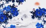 蓝色唯美牡丹燕子背景墙