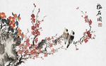 中国风手绘花鸟梅花背景墙