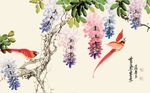 水墨工笔手绘花鸟紫气东来背景墙