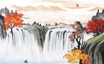 中式细水长流山水背景墙