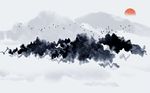 中式创意波纹山峦飞鸟背景墙