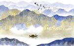 中式抽象线条山水画金色背景墙