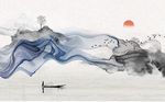 抽象山水线条水波小舟飞鸟背景墙