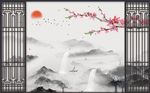 水墨山水粉色花枝禅意背景墙
