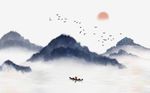 中式意境抽象蓝色山水背景墙