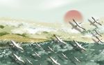 彩绘大海沙滩大雁落日背景墙