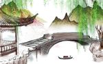 中式山水亭桥下船儿背景墙