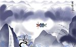 中式蓝色抽象山水画背景墙