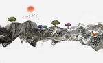 水墨金丝抽象山水飞鸟背景墙