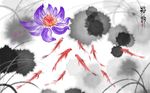 水墨九鱼图荷花画背景墙