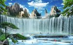 中式流水生财国画背景墙