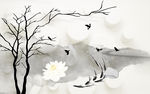 飞鸟树枝莲花水墨背景墙